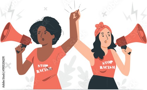 Diverse Women Protesting Together with Megaphones against Racism and Sexism in a Public Setting