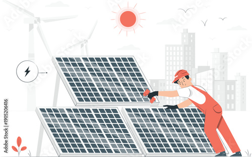 Worker installing solar panels on rooftop with wind turbines in the background on a sunny day