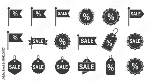 Collection of various black and white sale promotion discount icons displayed in a clean set