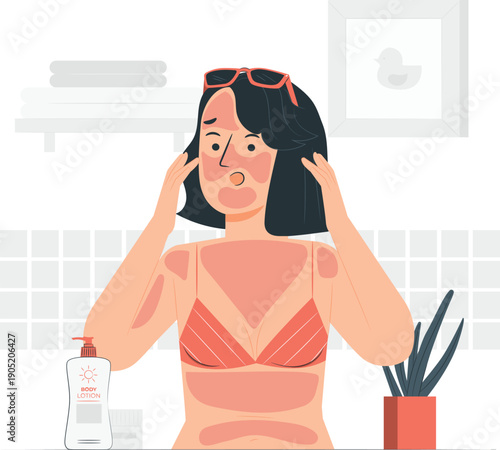 Woman applying sunscreen lotion on her face before going outside on a sunny day at home