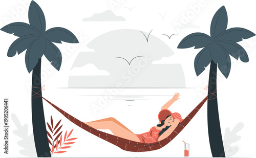Woman relaxing in a hammock between palm trees on a tropical beach at sunset from a serene aerial viewpoint