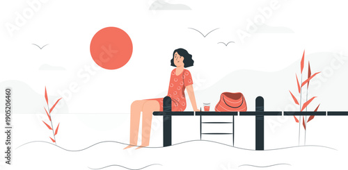 A serene illustration of a woman sitting on a wooden fence with a bag beside her, surrounded by plants and a large red sun in the sky