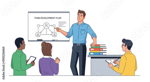 Team leader presenting business plan to colleagues in a meeting room.