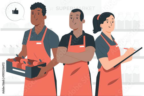 Three supermarket staff members in orange aprons standing together in a store aisle with products on shelves in the background