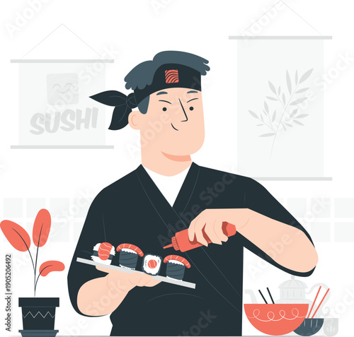 A chef expertly preparing sushi rolls with precision and care in a serene kitchen environment from a front viewpoint.