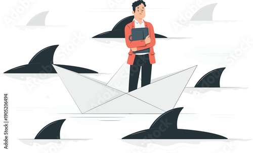 Man standing on a paper boat surrounded by sharks in the ocean, viewed from the side