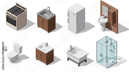Household fixture icon set, kitchen appliance illustration, bathroom equipment artwork, interior design graphic, home utility vector, isometric furniture symbol pack