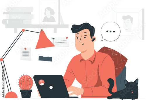 Man working on laptop with cat nearby in a modern office setting illustration