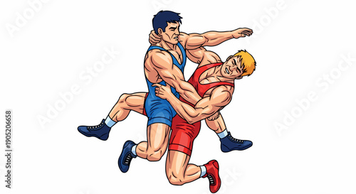 Illustration of two muscular wrestlers in action, grappling and competing on a plain white background with dynamic poses.