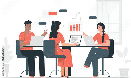 Three professionals collaborating at a desk with laptops and charts in a modern office environment from a slight overhead viewpoint