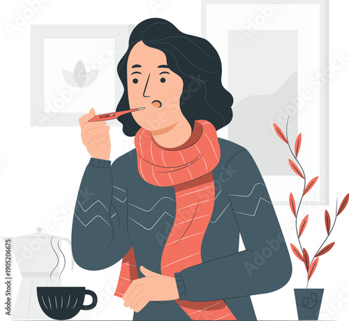 Woman enjoying coffee and cigarette in a cozy home setting from a frontal viewpoint