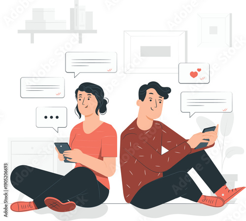 Illustration of couple sitting together on floor using mobile devices with chat bubbles around them in a modern setting
