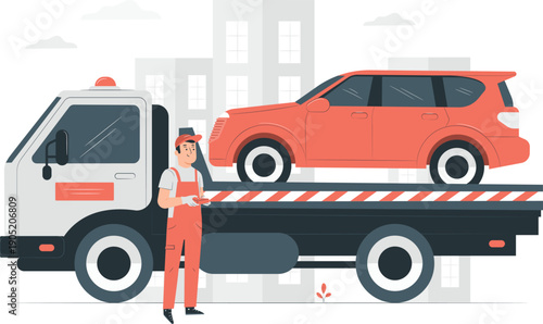 Tow truck driver standing beside vehicle transporting car on flatbed in urban setting