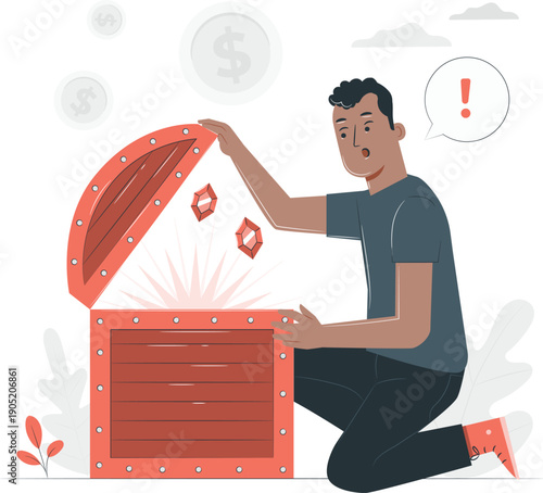 Man kneeling beside treasure chest, discovering jewels and money, surprised expression