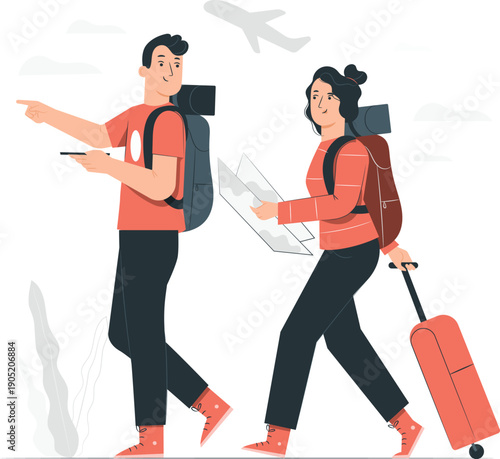 Travelers with luggage and map navigating through airport surroundings, viewed from a slight angle