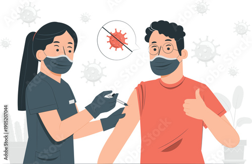 Medical professional administering vaccination to a patient giving a thumbs up indicating health and safety