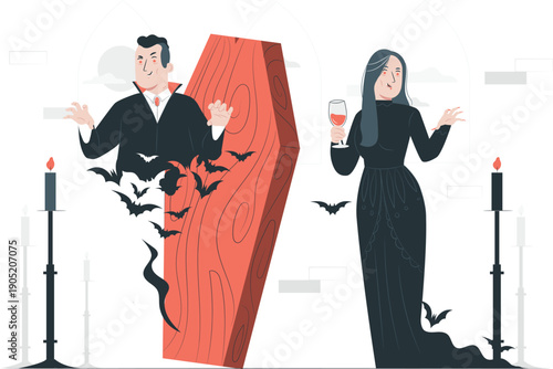 A vampire and his victim rise from a coffin in a spooky gothic scene with candles
