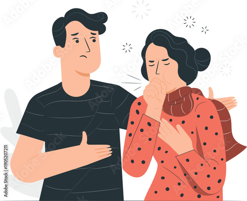 Man and woman experiencing coughing and discomfort together in an illustration