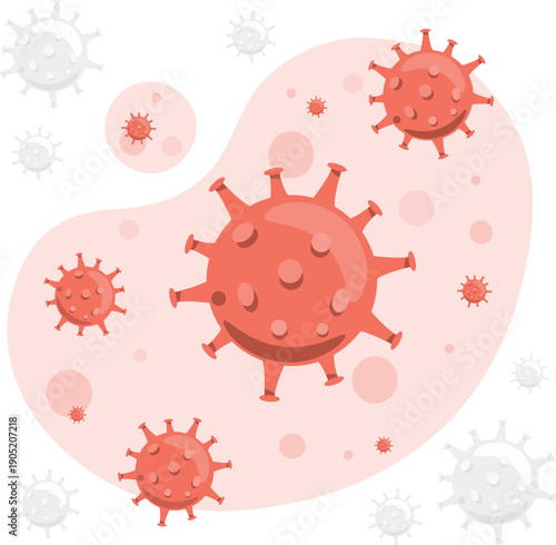 Virus particles floating in a pink, rounded environment, viewed from a straightforward angle, illustrating a microscopic scene.