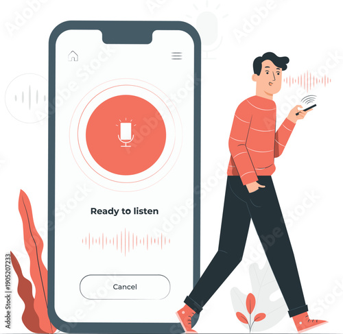 Man interacting with voice assistant on mobile phone while walking outside with a casual expression