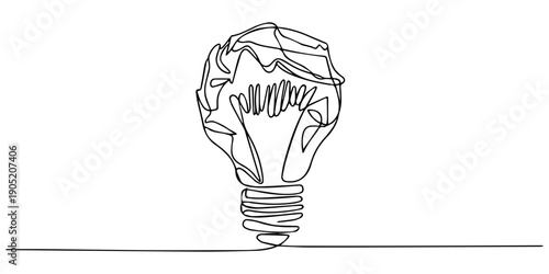 Crumpled Paper Light Bulb Idea continuous one line drawing, Single continuous line drawing light bulb from paper crumple. Feeling of anxiety will not produce the best solution. Dead end. World Creativ