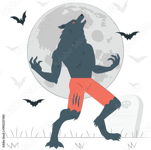 A werewolf stands tall, howling at the full moon, surrounded by bats in a graveyard scene at dusk from a front viewpoint