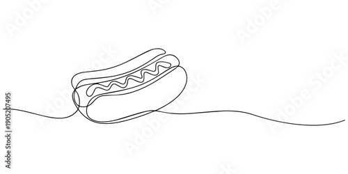 Hot dog continuous line. Continuous one line drawing of hot dog. American, fast food concept. Single line drawing, One line continuous hot dog fast food symbol concept. Silhouette of buns with sausage