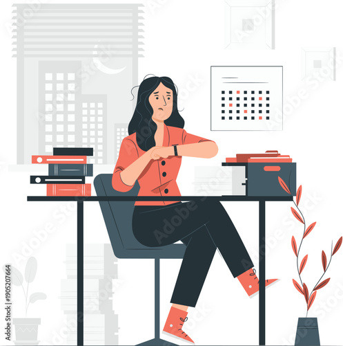 A young professional woman sitting at a desk with a computer and calendar