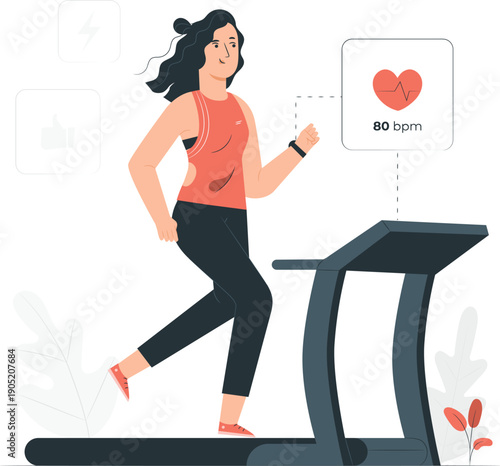 Woman running on treadmill with heart rate monitor displaying 80 bpm in a fitness setting