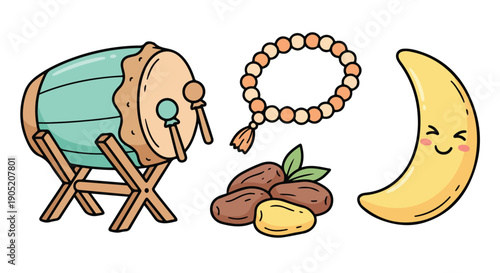 Ramadan Kareem celebration icons featuring a drum, prayer beads, dates, and a crescent moon