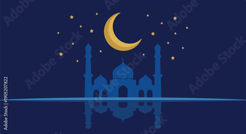 Ramadan Kareem greeting card with mosque silhouette under a starry night sky and crescent moon, reflecting on water