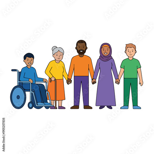 Diverse people holding hands, representing unity, inclusion, and social justice. An illustration of a multi-ethnic community promoting equality for all ages and abilities