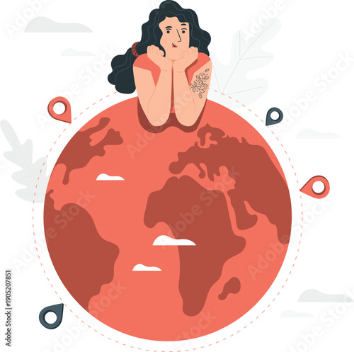 Woman contemplating global connections with thoughtful expression on international map illustration