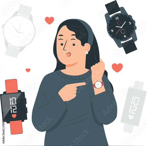 A young woman surrounded by various smartwatches, pointing at her wrist in a gesture of choice or preference, amidst floating hearts
