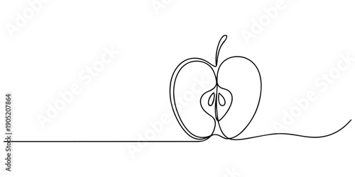 Half of a apple continuous one line drawing, One line drawing of an apple. Minimalist continuous line art of a whole and half apple with a leaf, One continuous line drawing sliced and whole healthy.
