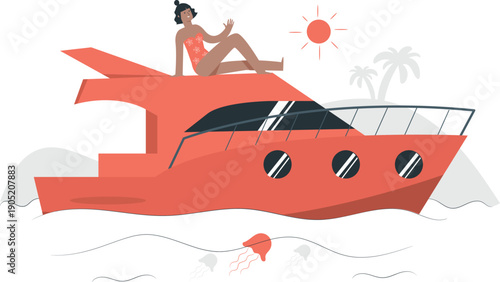 Woman relaxing on a luxury yacht sailing through calm tropical waters on a sunny day viewed from the side