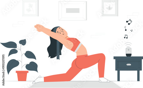 Woman practicing yoga in a serene living room with a plant nearby and music playing