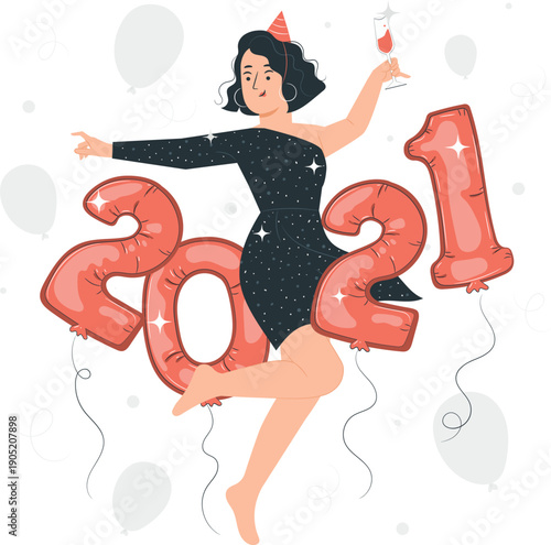 Woman celebrating New Year's Eve with champagne and balloons in joyful dance