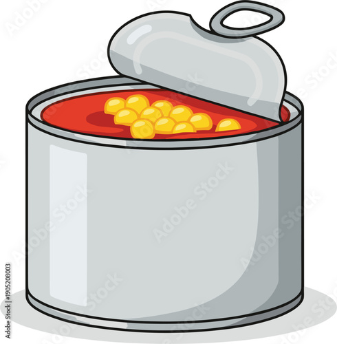 : Vector illustration of an open tin can with tomato sauce and corn kernels for food packaging concepts।