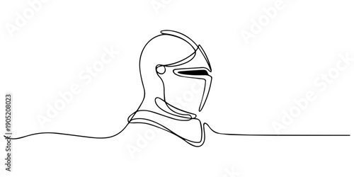 Knight helmet isolated on white background. Line art helmet. One line continuous vector illustration, Continuous one line drawing of roman warrior helmet mask. One line drawing illustration of knight.