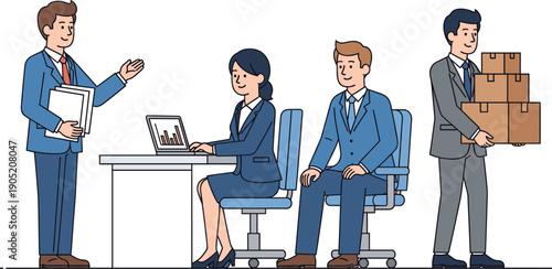 Business team working in office vector illustration set, employees discussing tasks, desk work and package handling