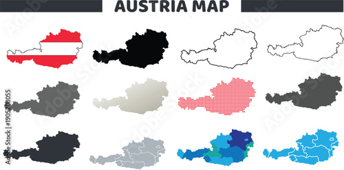 Austria Map Silhouette and Outline Icon Set, Europe Country Border and Regional Map Vector Collection
