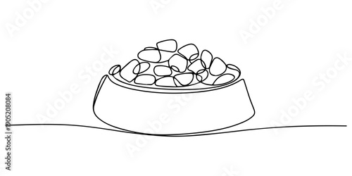 pet bowl full of dry food continuous one line drawing, Full bowl of pet food. Hand drawn doodle. Caring for animals. Feeding cat and dog. Dry or wet. Health care. Vector line art illustration, Dog bow