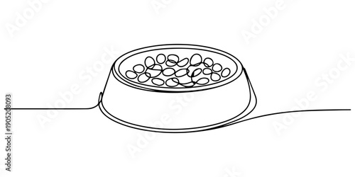 pet bowl full of dry food continuous one line drawing, Full bowl of pet food. Hand drawn doodle. Caring for animals. Feeding cat and dog. Dry or wet. Health care. Vector line art illustration, Dog bow