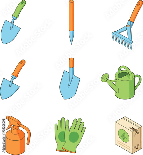 Vector illustrations of isometric gardening tools including shovels rakes watering cans and gloves for landscaping concepts।
