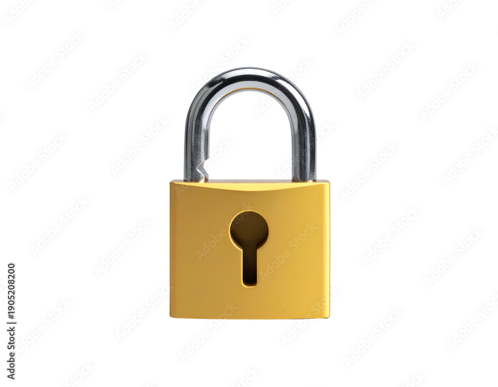 Fototapeta premium A gleaming brass padlock with a silver shackle on black
