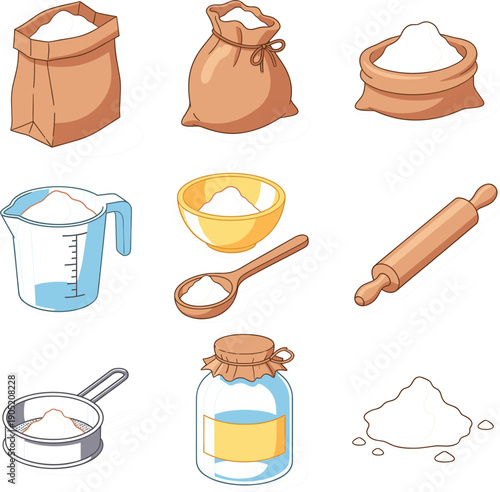 Vector illustrations of flour sacks bowls measuring cups and rolling pin for baking and bakery concepts।