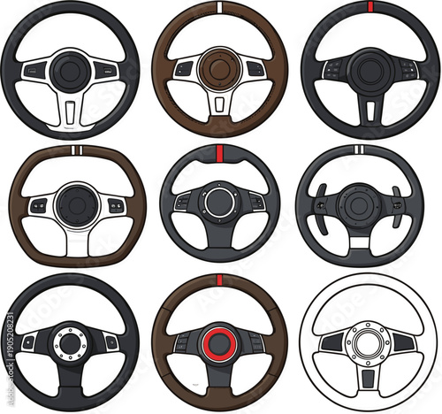 Vector illustrations of modern car steering wheels with various leather and sport designs for automotive concepts।