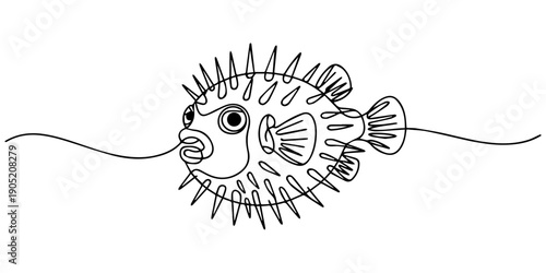 Spiky Pufferfish continuous one line drawing, A simple black and white line drawing of a pufferfish with its spines extended, showing its round body and fins, cute pufferfish drawing, minimalist style