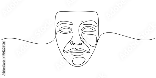 World theater day banner design, with character mask sketch, continuous one line drawing, one line Art icon drawing, Greek mask one line drawing, opera event symbols continuous hand drawn, mask one.